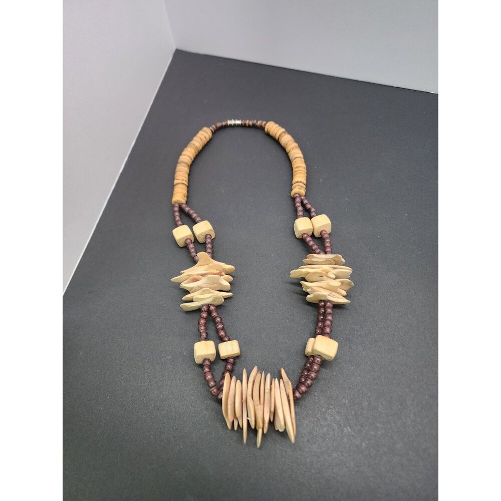 Vintage Unique Tribal Wood & Coconut Disc Beads Necklace Hand Carved - Picture 4 of 7